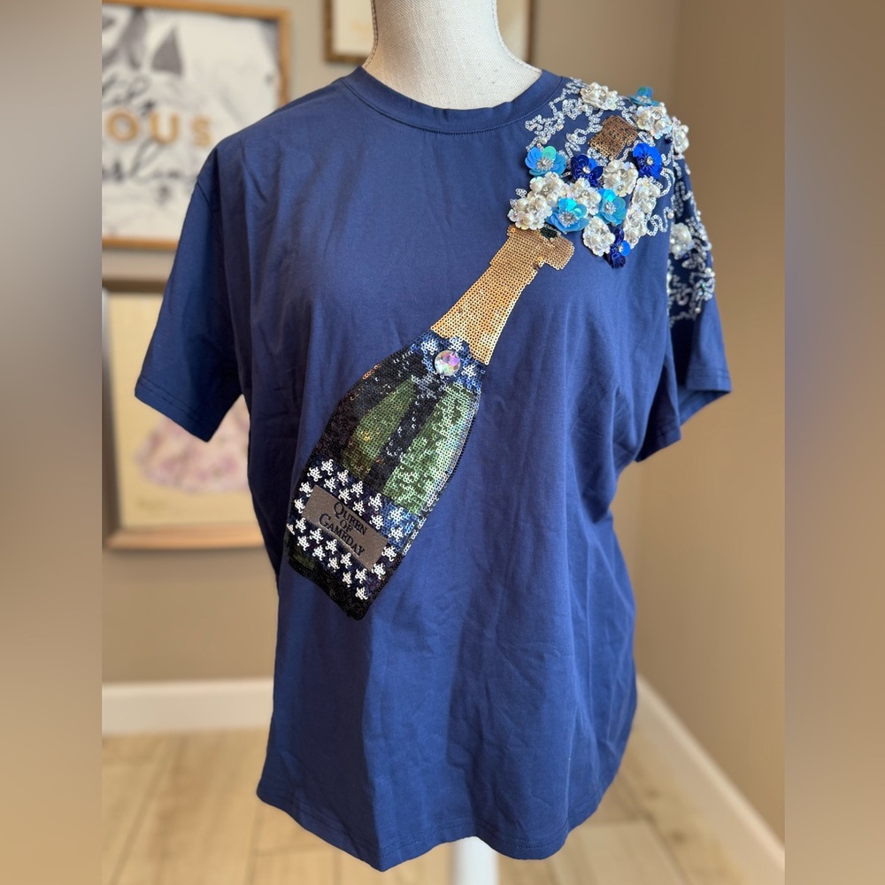 New! QUEEN OF SPARKLES Navy & Silver Star Tee Popping Champagne Tee - Picture 1 of 13